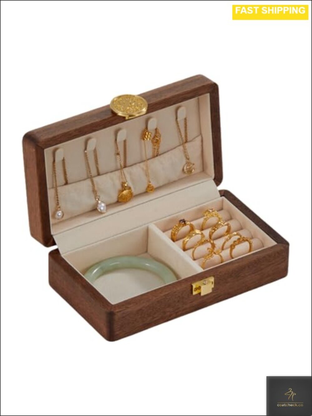 Small Solid Wood Jewelry Box Velvet Lining Travel Organizer with Brass Lock